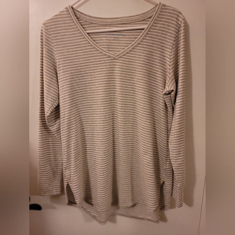 Soft Surroundings Gray and White Striped Tunic Tee